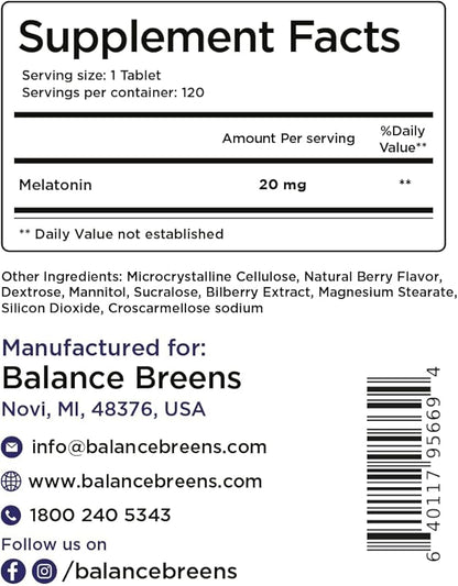 Balancebreens Melatonin 20mg Fast Dissolve Tablets - High Potency, Fast Acting, Natural Sleep Support - Sleep Aids for Adults - Non-Groggy, Drug-Free Formula - 120 Sleeping Pills