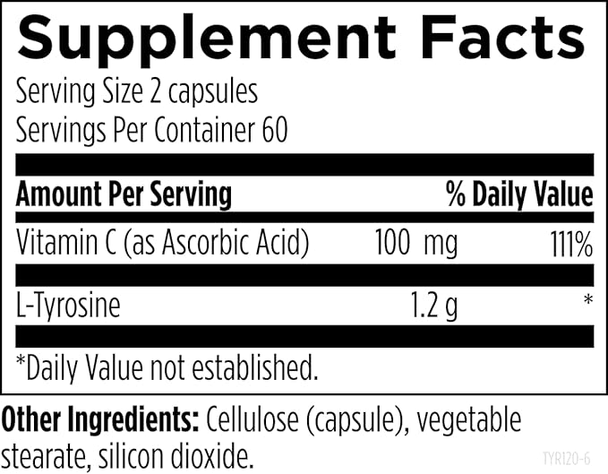 Designs for Health L-Tyrosine 1200mg - Tyrosine + 100mg Vitamin C Supplement - Dopamine Precursor Amino Acid, Non-GMO (120 Capsules)