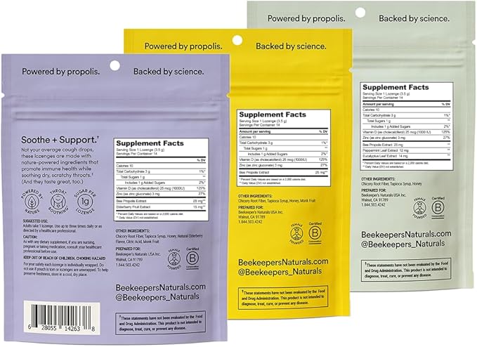 Beekeeper's Naturals Soothing Honey Cough Drops 3 Flavors Pack,Honey,Peppermint & Elderberry Sore Throat Relief Soothing Lozenges with Zinc,Propolis & Vitamin D,42 Ct