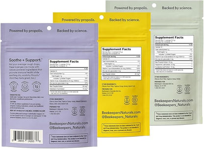 Beekeeper's Naturals Soothing Honey Cough Drops 3 Flavors Pack,Honey,Peppermint & Elderberry Sore Throat Relief Soothing Lozenges with Zinc,Propolis & Vitamin D,42 Ct