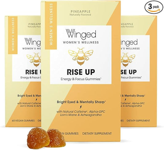 Winged Rise Up Gummies | Energy & Brain Boost Supplement | Natural Caffeine, Ashwagandha & B12 for Energy | Nootropics Alpha-GPC, Lion’s Mane & Huperzine A for Focus | Pineapple Flavor (90 Servings)