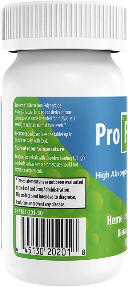 Proferrin ES- 10.5mg of high Absorbing Heme Iron Polypeptide. Made in The USA. 30 Tablets. Easy on The Gut. Not affected by Coffee, Calcium, or PPI's.