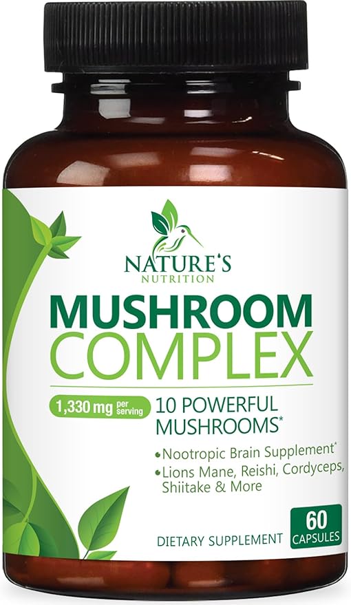 Mushroom Supplement 10 in 1 High Strength Lions Mane Mushroom - Turkey Tail, Reishi, Cordyceps, Chaga & Mushrooms Nootropic Brain Supplements for Memory & Focus Support, Mushroom Complex, 60 Capsules