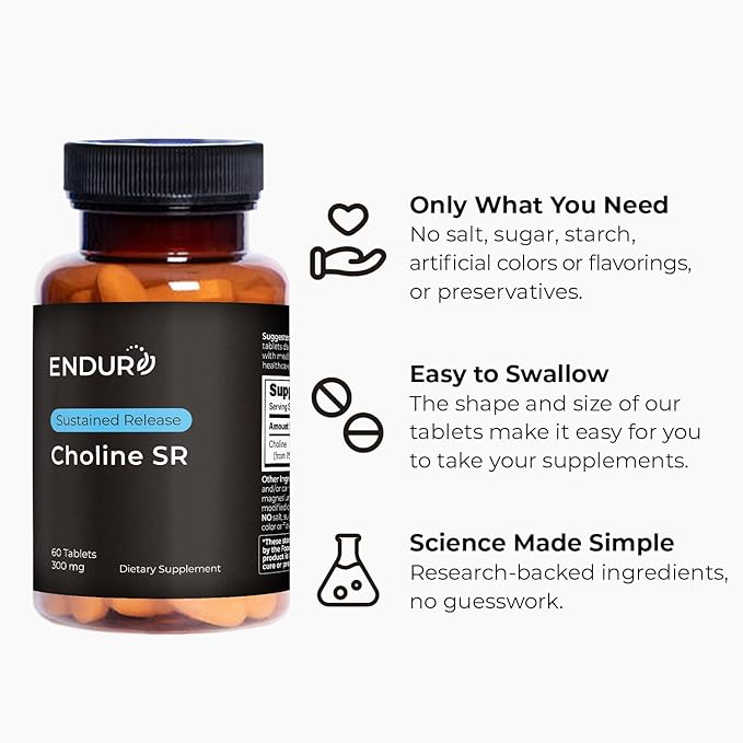 Choline Bitartrate Sustained Release - 300mg 60 Tablet - Promotes Brain Health, Mental Focus & Memory - Prenatal Supplement for Development & Growth - 100% Vegan & Non-GMO Co.