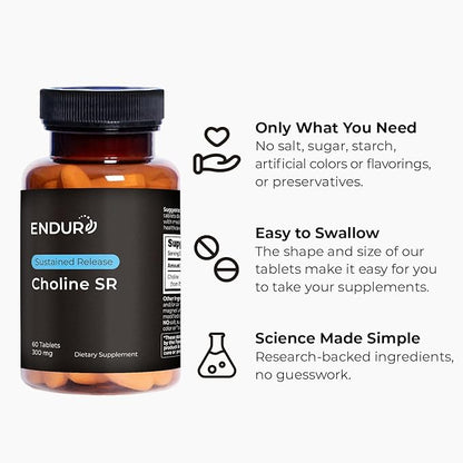 Choline Bitartrate Sustained Release - 300mg 60 Tablet - Promotes Brain Health, Mental Focus & Memory - Prenatal Supplement for Development & Growth - 100% Vegan & Non-GMO Co.