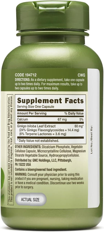 GNC Herbal Plus Ginkgo Biloba 60mg Supplement, Vegetarian, Supports Mental Sharpness, 100 Servings