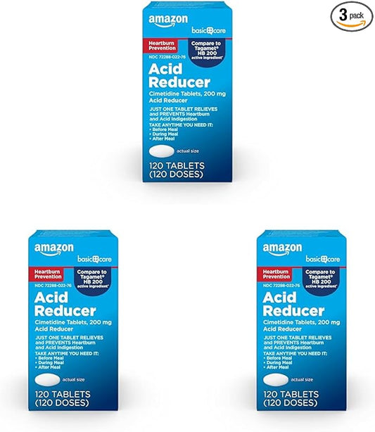 Amazon Basic Care Cimetidine Coated Tablets 200 mg, Acid Reducer, Heartburn Medicine, Indigestion Relief, 120 Count (Pack of 3)
