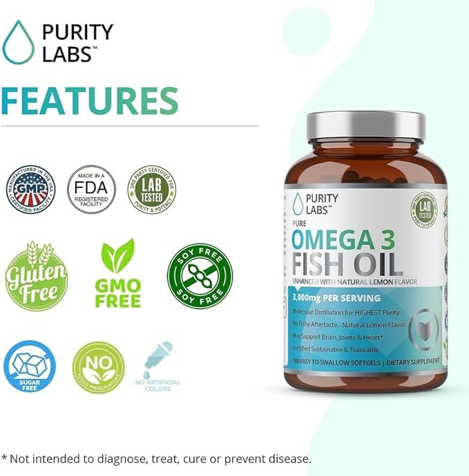 Purity Labs Omega 3 Fish Oil 3000mg – DHA & EPA Omega 3 Fatty Acid Supplements to Support Heart and Brain Health - Immune Support Supplement - 180 Softgels (60 Servings)