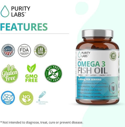 Purity Labs Omega 3 Fish Oil 3000mg – DHA & EPA Omega 3 Fatty Acid Supplements to Support Heart and Brain Health - Immune Support Supplement - 180 Softgels (60 Servings)
