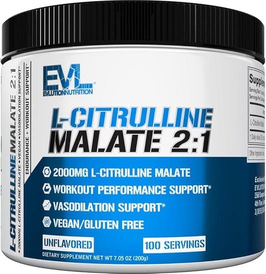 Evlution Nutrition L-Citrulline Malate 2:1-200mg L-Citrulline Malate - Workout Performance Support - Vasodilation Support - Dietary Supplement - Vegan & Gluten Free - 100 Servings - Unflavored