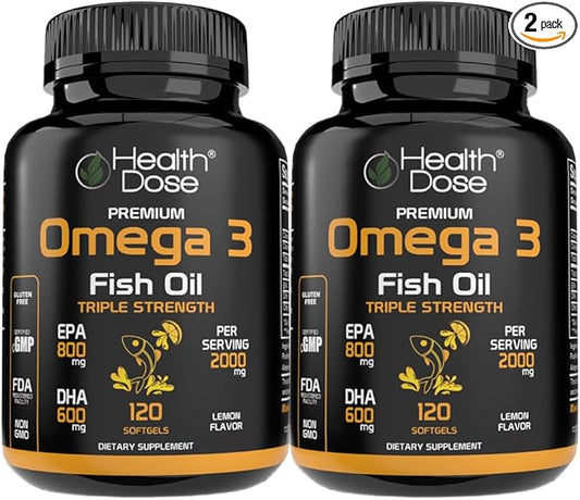 Omega 3 Fish Oil – Lemon-Flavored Softgels with EPA & DHA for Brain, Heart, and Wellness Support – Easy-to-Digest, No Fish Burps – 120 Softgels, Pack of 2