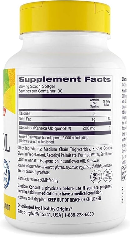 Healthy Origins Ubiquinol (Active Form of CoQ10), 200 mg - Ubiquinol Supplements for Heart Health & Antioxidant Support - Gluten-Free & Non-GMO Supplement - 30 Softgels
