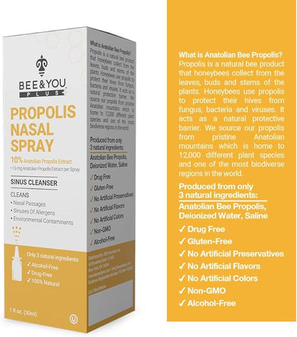 BEE and You Plus Natural Propolis Nasal Spray 1 Fl oz | Congestion Relief Drug Free & Alcohol Free, Sinus Relief, Allergy, Nasal Moisturizing Spray