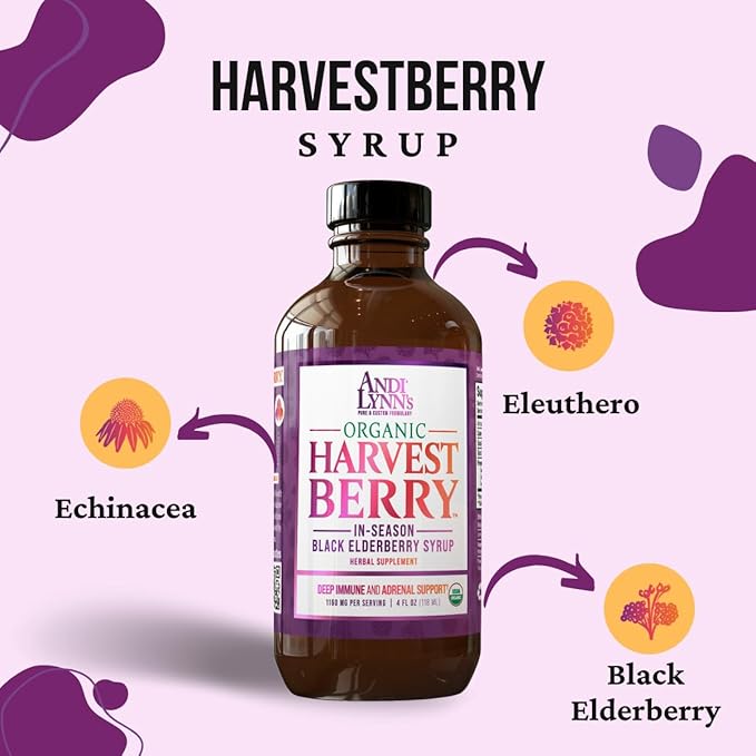 Andi Lynn's Organic Harvest Berry Syrup for Kids and Adults – Real Honey Elderberry Syrup for Immune Support - Therapeutic Formula - 4 Fl. Oz (Pack of 1)