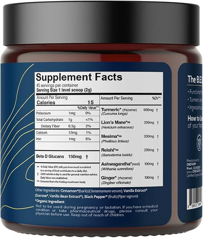 Turmeric Latte Powder - USDA Organic >5% Curcuminoid Turmeric, Lions Mane, Ashwagandha, Ginger, Cinnamon in a Resealable Glass Jar, 45 Servings - Perfect for Making Golden Milk