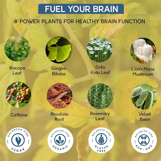 Balanced Vibe Brain Formula | Plant-Based Nootropic for Focus, Clarity & Memory | Organic Lion’s Mane, Ginkgo, Bacopa, Rhodiola, Gotu Kola | Vegan Capsules | 30 Day Supply