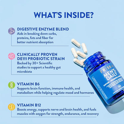 FRISKA Men’s Daily Digestive Enzyme and Probiotics Supplement, Natural Support for Male Digestive Health, Bloating, Gas, Indigestion Relief, Supports Gut Health, Lactase and B-Vitamins, 30 Capsules