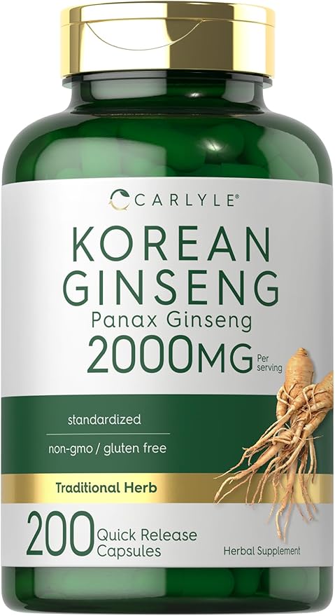Carlyle Korean Ginseng Extract Capsules 2000 mg | 200 Capsules | Non-GMO and Gluten Free Formula | Standardized Panax Ginseng Supplement