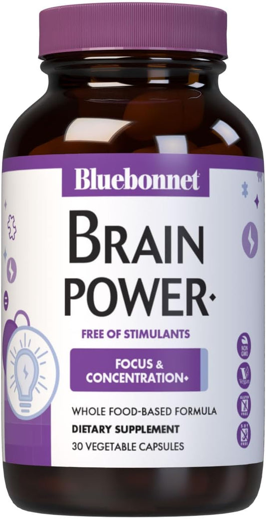 Bluebonnet Nutrition BrainPower – Whole Food-Based Nootropic Blend - for Brain Health*- Non-GMO, Vegan - Free of Gluten, Dairy, Soy & Stimulants - 30 Vegetable Capsules, 15 Servings