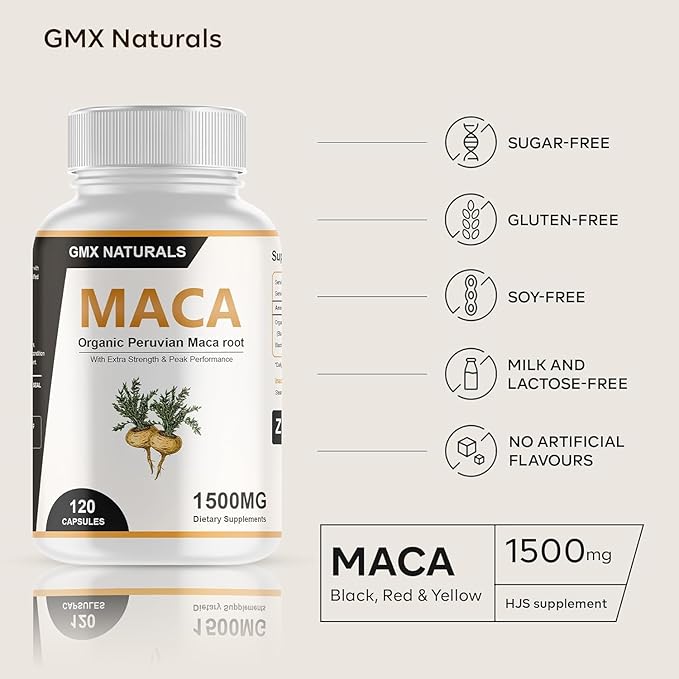 Organic Maca Root Powder Capsules 1,500mg for Men & Women - Capsule Contains Black, Red, Yellow Maca Root Extract - 95% Piperine from Black Pepper - Made with Peruvian Maca - 120 Count
