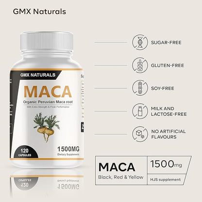 Organic Maca Root Powder Capsules 1,500mg for Men & Women - Capsule Contains Black, Red, Yellow Maca Root Extract - 95% Piperine from Black Pepper - Made with Peruvian Maca - 120 Count