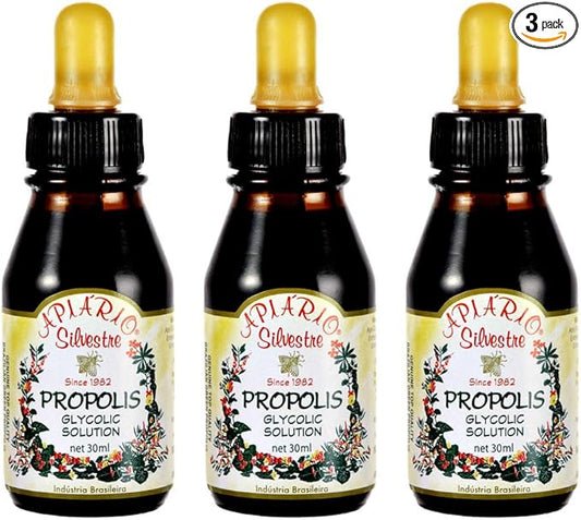 Official Distributor - 3 Bottles of Apiario Silvestre Brazilian Green Bee Propolis Liquid Glycolic Extract-Non Alcoholic, Wax Free, Sugar Free