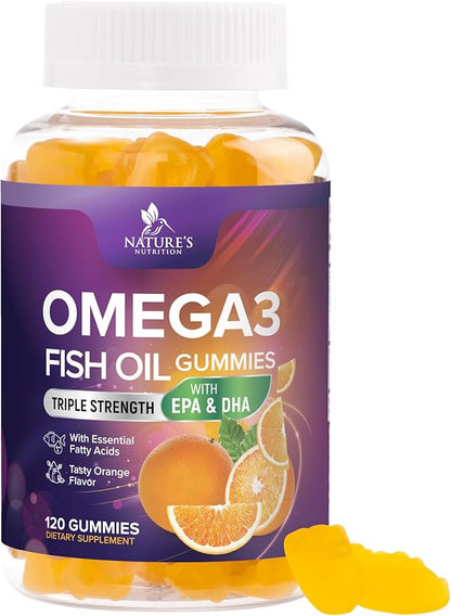 Omega-3 Gummies, Fish Oil Gummies for Adults & Kids, Omega-3 Gummy Vitamins, EPA & DHA Fish Oil Fatty Acids Gummy Supplement, Nature's Supplements for Joint, Heart Health, & Brain Support - 120 Count