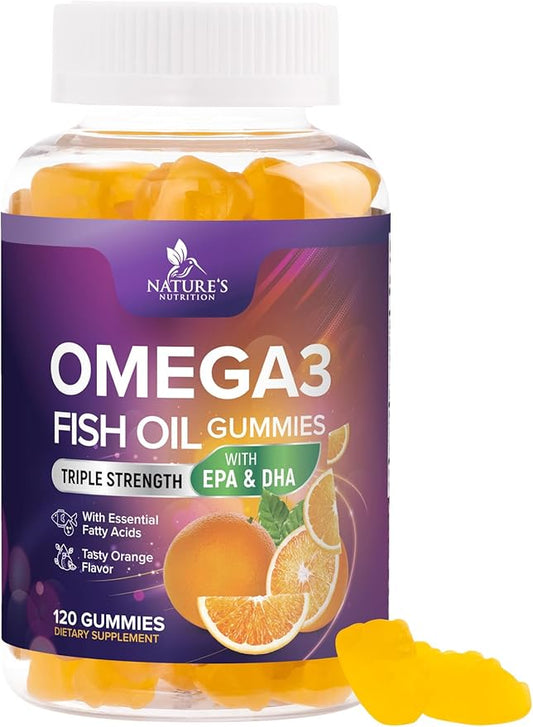 Omega-3 Gummies, Fish Oil Gummies for Adults & Kids, Omega-3 Gummy Vitamins, EPA & DHA Fish Oil Fatty Acids Gummy Supplement, Nature's Supplements for Joint, Heart Health, & Brain Support - 120 Count