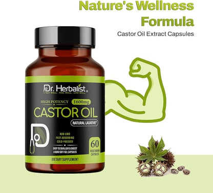 Dr. HERBALIST Castor Oil Capsules - 1600mg per Serving, 60 Count - Non-GMO, Fast-Absorbing, Vegetarian, Cold-Pressed, and High Potency - Supports Skin, Hair, Natural Laxatives and Digestive Health