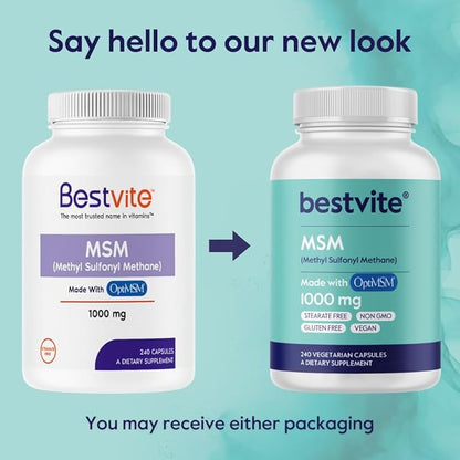 BESTVITE MSM 1000mg Made with OptiMSM (240 Capsules) - No Stearates - GMO Free - Gluten Free - Joint Support