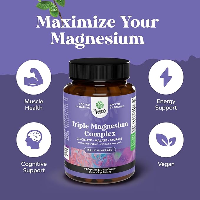Triple Magnesium Complex Supplement Elemental - High Absorption Magnesium Taurate and Glycinate Plus Malate Blend for Sleep Muscle Bone Mood and More - Non GMO Vegan 90CT