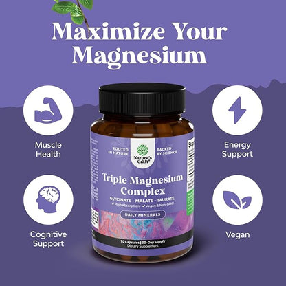 Triple Magnesium Complex Supplement Elemental - High Absorption Magnesium Taurate and Glycinate Plus Malate Blend for Sleep Muscle Bone Mood and More - Non GMO Vegan 90CT