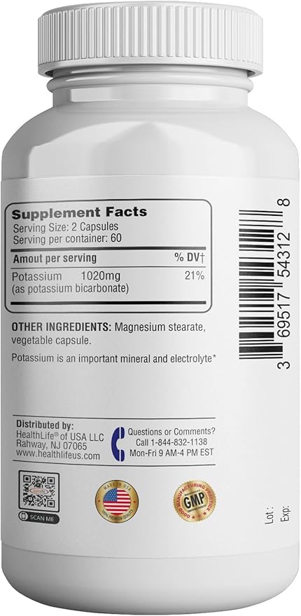 365 Health Potassium Supplement 1020 mg | Potassium Bicarbonate | Non-GMO | Gluten Free | Made in USA | 120 Vegetarian Capsules