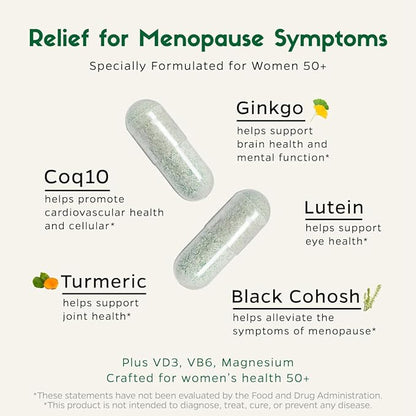 Multivitamin for Women 50 Plus, PMS Relief, Skin, Hair & Nails, Supports Joint & Bone, Heart Health, Eye Health, Turmeric, Coq10, Ginkgo, Lutein, Black Cohosh, Vitamins B6, B12, D3, K2 (60Ct)