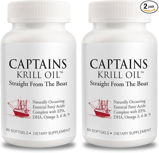 Captains Pure Antarctic Krill Oil Softgels | Omega 3 EPA, DHA with Astaxanthin & Phospholipids| No Additives or Chemicals | 1000mg per Serving, 60 Capsules, 2-Pack