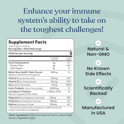 Immune Ready™ Immunity Boost Drink Mix with Vitamin C, D3, Zinc Picolinate, Inulin, Beta Glucan & Electrolytes - Delicious & Refreshing Sugar-Free Immune Booster - Peach-Mango Flavored - 15 Servings