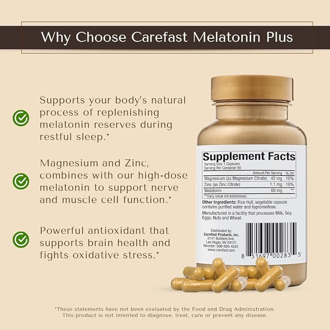 Melatonin Plus - High-Dose 60mg Melatonin with Zinc & Magnesium for Better Absorption - for Holistic Wellness - 180 Veggie Capsules