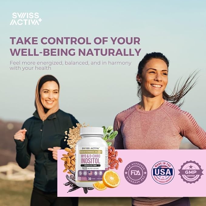 Swiss Activa+ Myo Inositol Supplement & D-Chiro Inositol Supplement - Premium Hormone Balance for Women & PCOS Supplements - Regulate Menstrual Cycle - Ovarian Support - 30 Days Supply