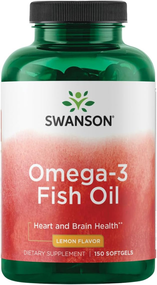 Swanson Omega 3 Fish Oil Supplement Heart Brain and Joint Support GMO-Free EFAs 180 mg EPA Plus 120 mg DHA 150 Softgel Capsules Lemon Flavor