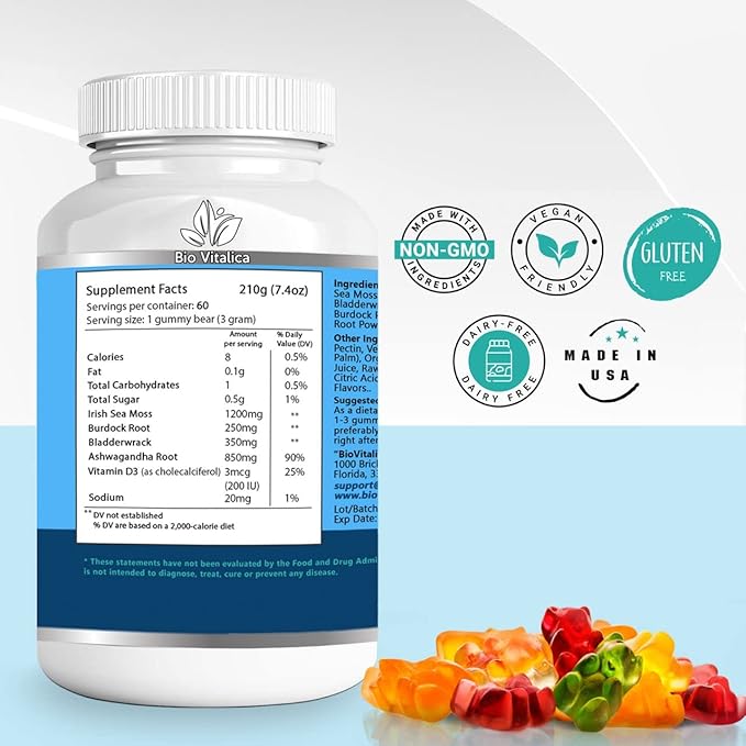 BIO VITALICA Sea Moss Ashwagandha Gummies - Organic Irish Seamoss & Ashwagandha Root Supplements for Supporting Energy & Immunity for Men & Women, 60 Vegan Gummies
