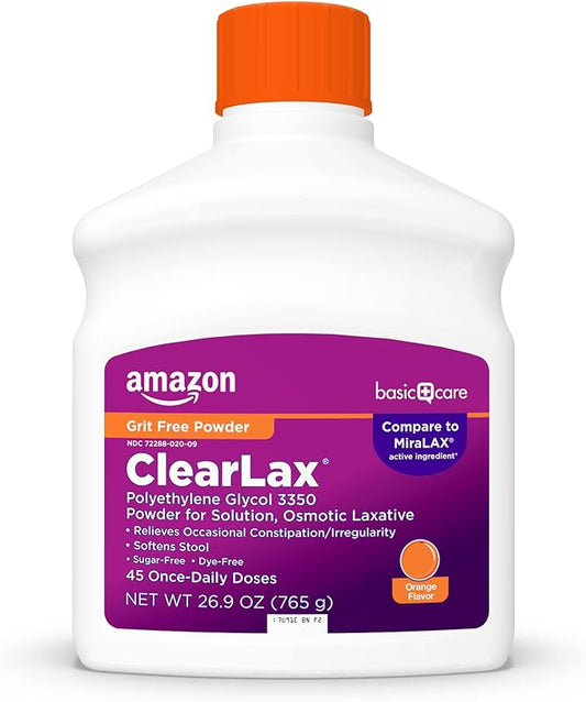 Amazon Basic Care ClearLax, Laxative Powder for Gentle Constipation Relief, Softens Stool, Polyethylene Glycol 3350, Orange Flavor, 1.68 pound (Pack of 1)