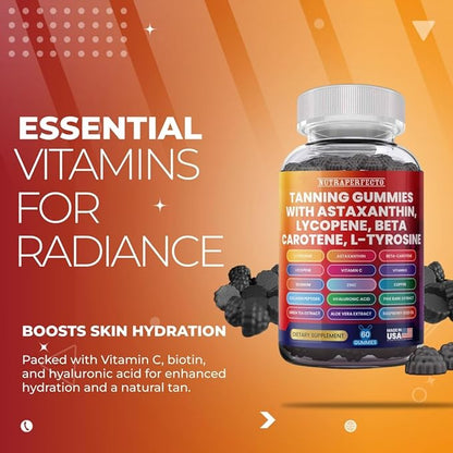 Sugar Free Tanning Gummies Glowing Skin and Strong Nails Gummies – Hydration, Collagen, Biotin, Vitamin C, Anti-Aging, UV Protection, and Natural Glow for Healthy Skin, Nails, and Radiant Complexion
