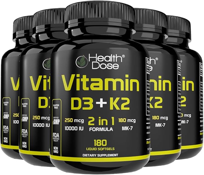 Vitamin D3 10,000 IU + K2 (MK7) Supplement, 2-in-1 Formula, Immune Support, a Healthy Mood, Heart, Joint, Teeth, Bone Health, Calcium Absorption, 180 softgels. (5)