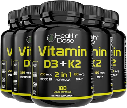 Vitamin D3 10,000 IU + K2 (MK7) Supplement, 2-in-1 Formula, Immune Support, a Healthy Mood, Heart, Joint, Teeth, Bone Health, Calcium Absorption, 180 softgels. (5)