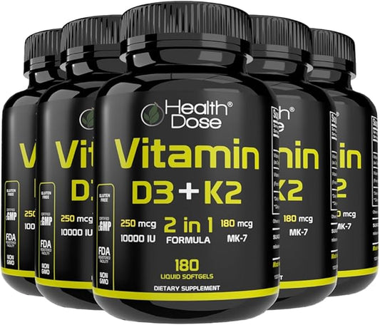 Vitamin D3 10,000 IU + K2 (MK7) Supplement, 2-in-1 Formula, Immune Support, a Healthy Mood, Heart, Joint, Teeth, Bone Health, Calcium Absorption, 180 softgels. (5)