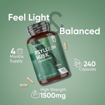 WeightWorld Psyllium Husk Capsules 1500mg Per Serving, 240 Vegan Capsules - 4 Months Supply - for Digestive Health - Daily Psyllium Husk Fiber Supplement - Non-GMO, GMP-Approved, & Allergen-Free