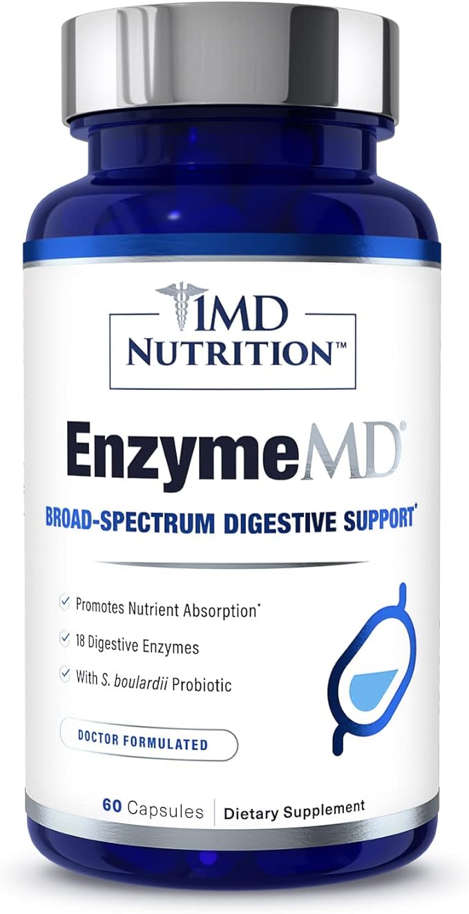 1MD Nutrition EnzymeMD - Digestive Enzymes Supplement - Doctor Formulated | 18 Plant-Based Enzymes - Gas & Bloating Support | 120 Capsules (2-Pack)