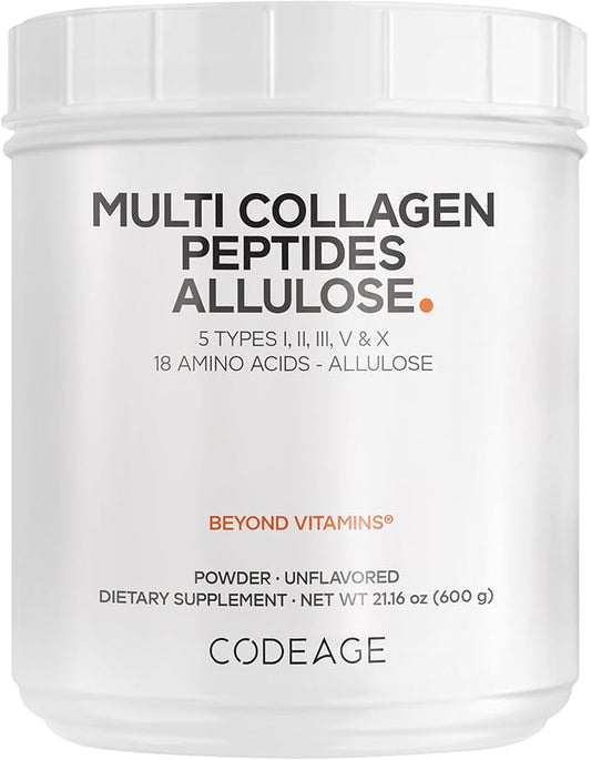 Codeage Multi Collagen Peptides Powder + Allulose - 5 Types - Grass-Fed Collagen - Rare Sugar Allulose Supplement - 0 Calorie Sweetener & 0 Carbs - 18 Amino Acids - Unflavored - Non-GMO - 30 Servings
