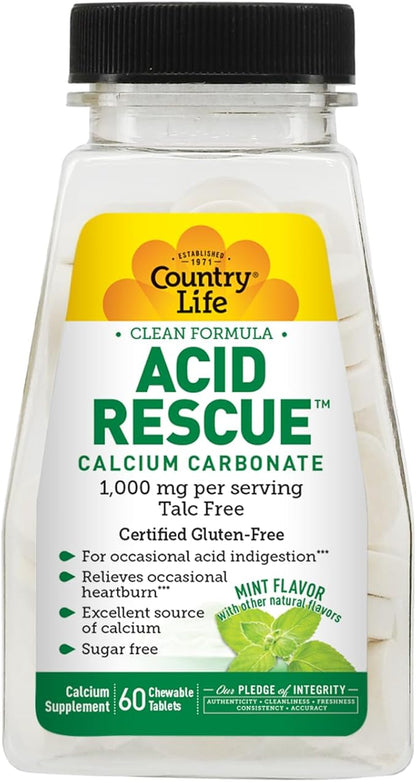 Country Life Acid Rescue Chewable Tablets - Certified Vegan & Gluten-Free Heartburn Relief, 400mg Calcium & Magnesium, Non-GMO, Sugar-Free Mint Flavor, Supports Bone Health, 60 Count