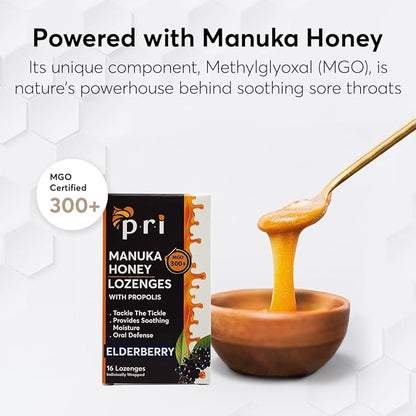 P.R.I Manuka Honey Lozenges with Propolis, Soothing Cough and Throat Drops, MGO 300+ Certified, (Elderberry, 16 Count)